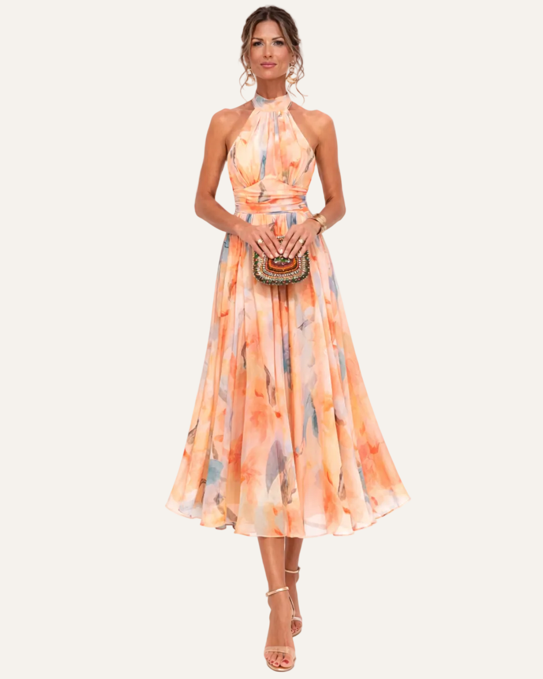 Inés | Vestido con Cuello Halter y Estampado de Acuarela