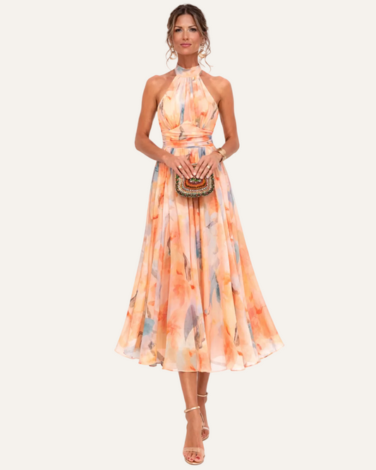 Inés | Vestido con Cuello Halter y Estampado de Acuarela
