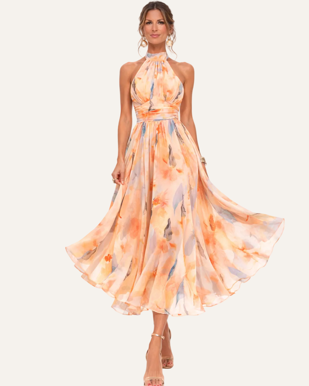 Inés | Vestido con Cuello Halter y Estampado de Acuarela
